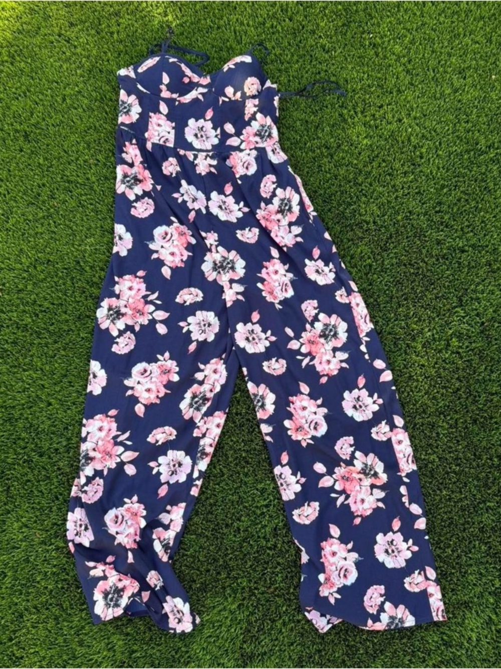 Band of Gypsies NWT Navy Floral Strapless Jumpsuit with Pink Roses